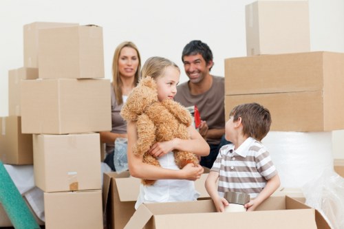 Professional movers carrying boxed household items in Harringay