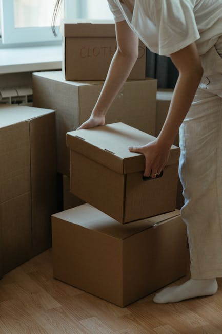 A person wearing light-colored clothing is in a room with natural light coming through a large window. They are in the process of packing or preparing for a home relocation, lifting a medium-sized cardboard box with a plain surface. Several other cardboard boxes of varying sizes are stacked nearby, some with labels such as 'CLOTHES' written on them. The boxes are placed on a wooden floor next to a wall. The person is handling the box carefully, possibly for loading onto a moving vehicle or transportation area as part of a furniture transport and packing process. The scene reflects a typical move-in or move-out scenario, with related relocation logistics in progress, supported by a professional removals service like Movers Harringay.